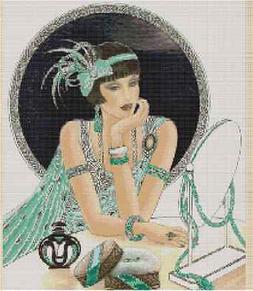 Arte Deco Lady IN Verde Menta W/Specchio Punto Croce Complet