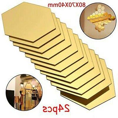 24pcs esagonale specchio vetro piastrella muro adesivi