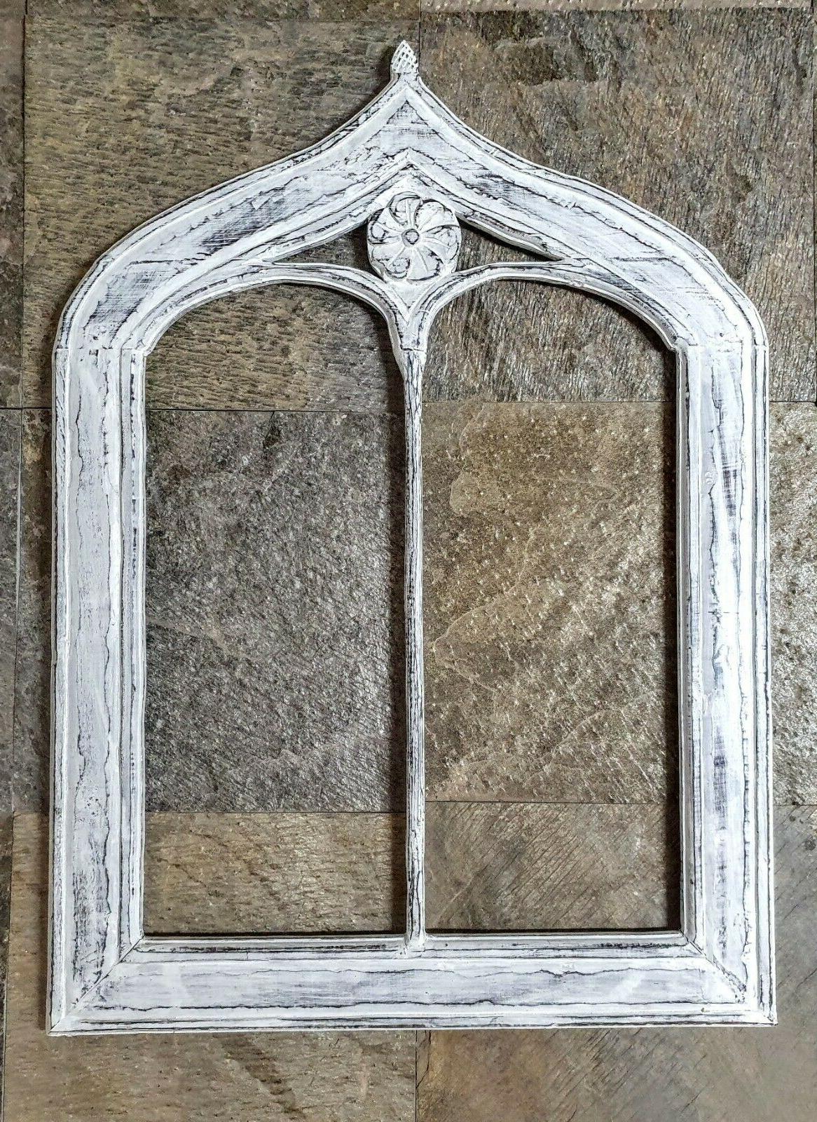 cornice specchio bifora in legno bianco decapato