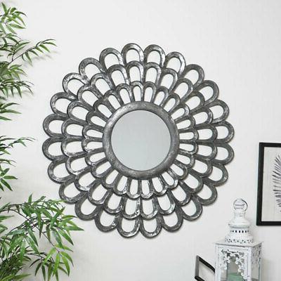 grigio legno scolpito fiore specchio boho scandi