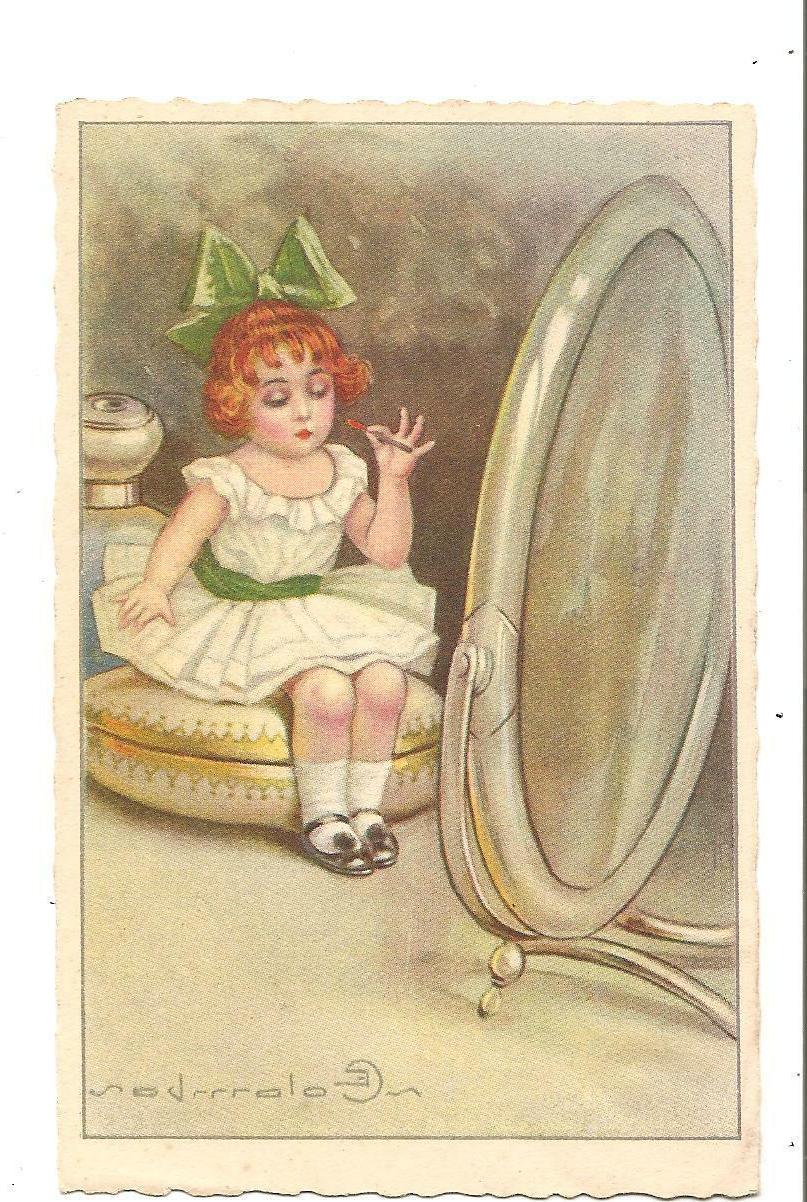 illustratori e colombo bambina allo specchio per