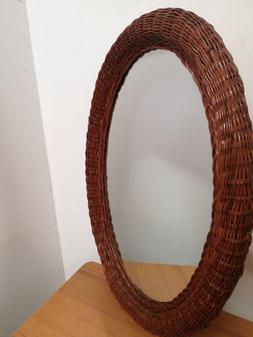 O In Vimini Marrone Vintage Specchio Da Parete Ovale 55x73